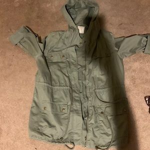 Green hooded cargo bomber jacket